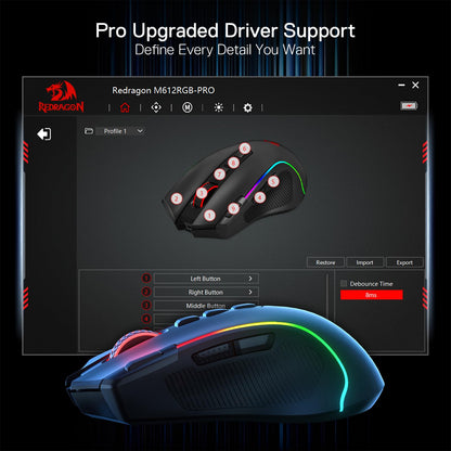 Redragon M612 PRO RGB Gaming Mouse, 8000 DPI Wired/Wireless Optical Gamer Mouse with 9 Programmable Buttons & 7 Backlit Modes, BT & 2.4G Wireless, Software Supports DIY Keybinds Rapid Fire Button
