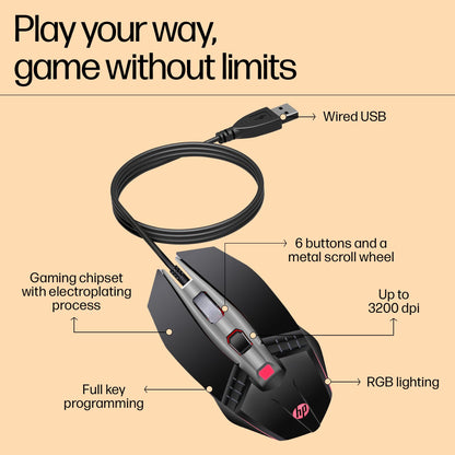 HP M270 Backlit USB Wired Gaming Mouse with 6 Buttons, 4-Speed Customizable 2400 DPI, Ergonomic Design, Breathing LED Lighting, Metal Scroll Wheel, Lightweighted / 3 Years Warranty (7ZZ87AA), Black
