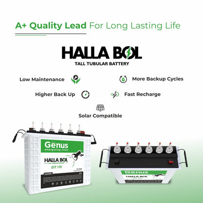Genus Hallabol GTT170 Tall Tubular 150 AH Inverter Battery for Home, Office or Solar Use, 60 Months Warranty, White