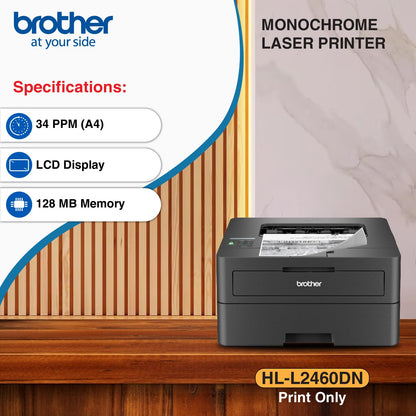Brother HL-L2460DN (New Launch) Auto Duplex Monochrome Laser Printer, 34 PPM Print Speed, LCD Display, 128 MB Memory, LAN, USB,