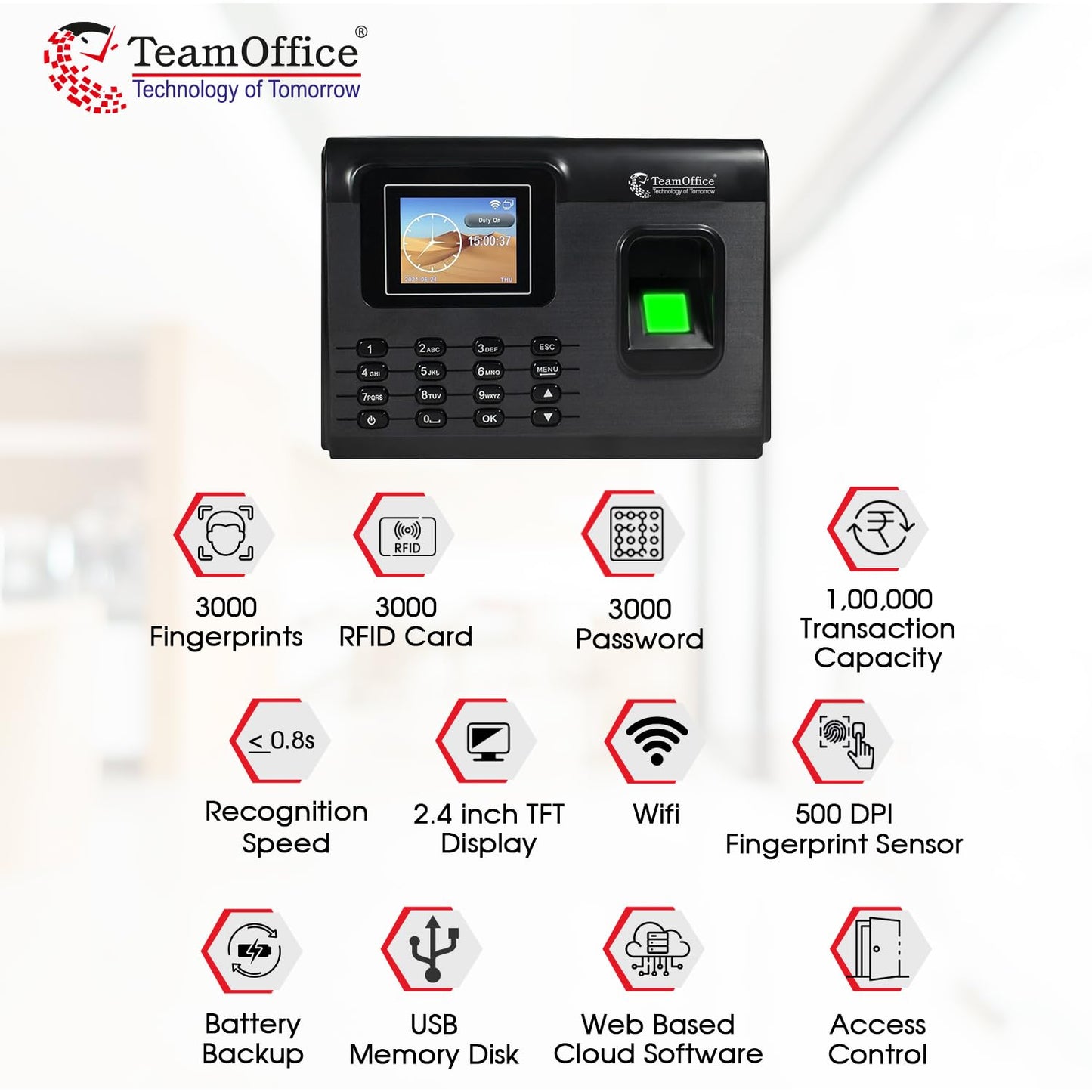 Team Office Fingerprint, Card, Wi-Fi and Cloud Based Attendance Device(Finger, Wi-Fi, Battery, Black)