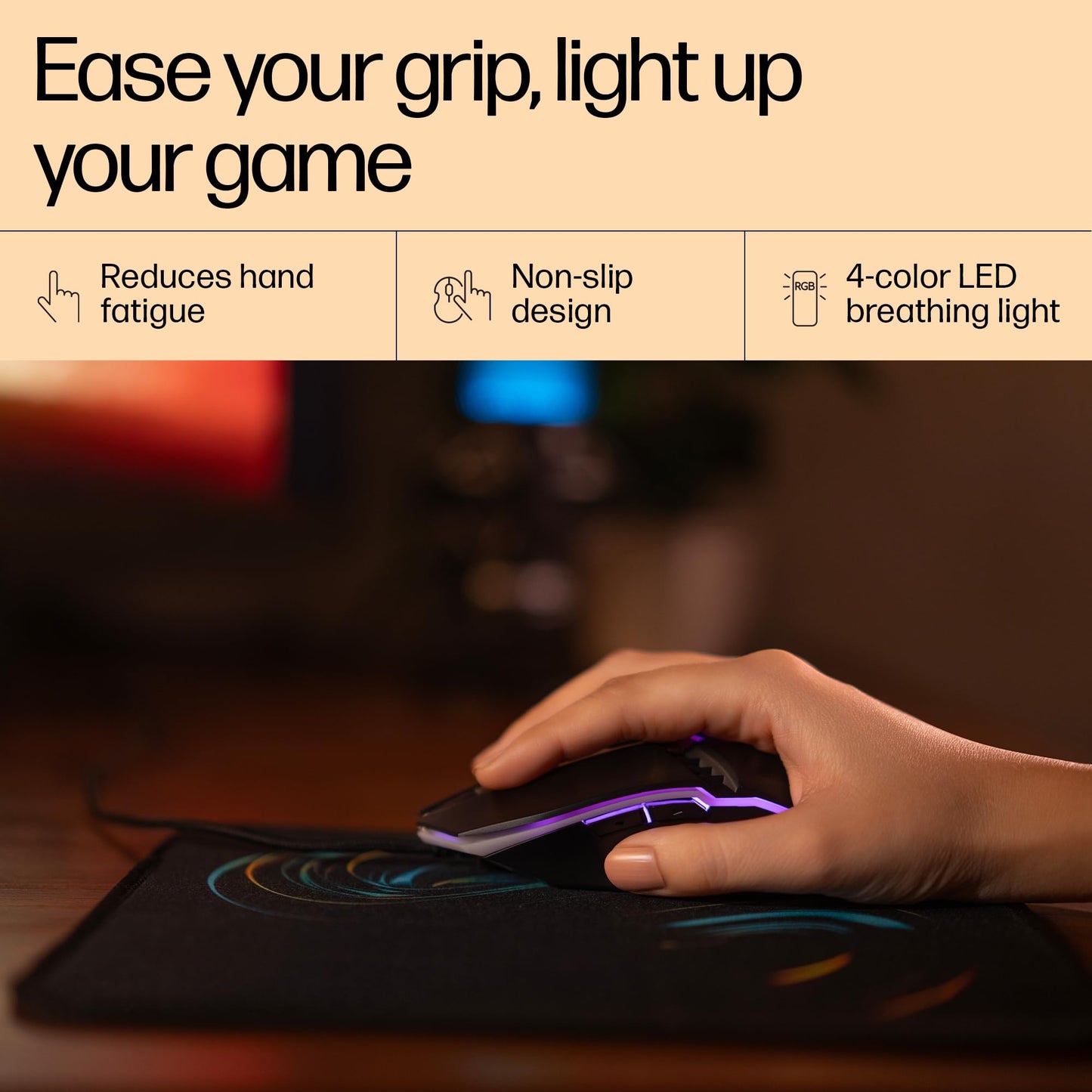 HP M270 Backlit USB Wired Gaming Mouse with 6 Buttons, 4-Speed Customizable 2400 DPI, Ergonomic Design, Breathing LED Lighting, Metal Scroll Wheel, Lightweighted / 3 Years Warranty (7ZZ87AA), Black
