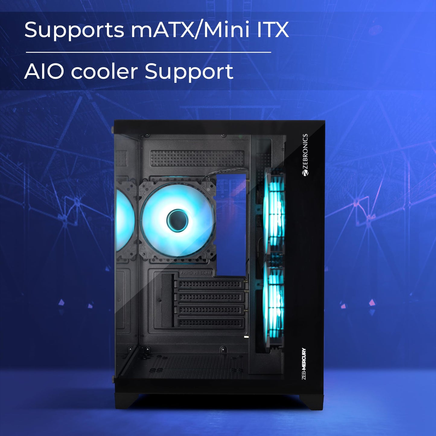 ZEBRONICS Mercury Premium Gaming Chassis with Support for mATX | Mini ITX | 240mm AIO, Dual Chamber Design, Infinity Ring ARGB Fan, Wraparound Tempered Glass (Black)