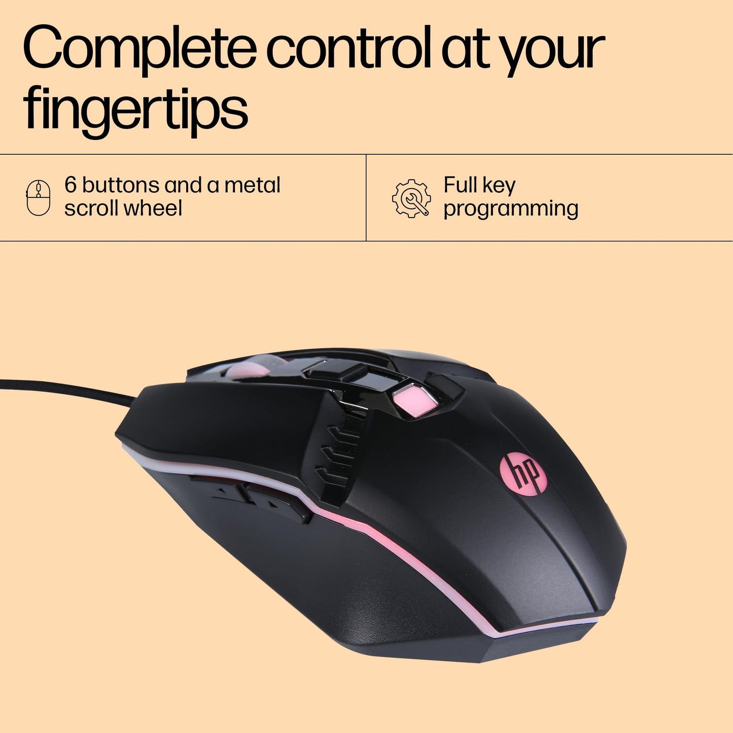 HP M270 Backlit USB Wired Gaming Mouse with 6 Buttons, 4-Speed Customizable 2400 DPI, Ergonomic Design, Breathing LED Lighting, Metal Scroll Wheel, Lightweighted / 3 Years Warranty (7ZZ87AA), Black