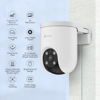 EZVIZ by Hikvision|4G Sim Based 2K Pan&Tilt Smart Outdoor WI-Fi CCTV Camera|360° Coverage|Ai Human-Vehicle Detection|Color Night Vision|Auto Tracking|Upto 512Gb Sd Card Storage|H8C-4G,White