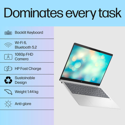 HP Pavilion Plus, 13th Gen Intel Core i5-1335U Laptop (16GB DDR5, 512GB SSD) IPS WUXGA Anti-Glare, 14"/35.6cm, Win 11, Office 21, Silver, 1.44kg, Intel Iris Xe Graphics, 5MP IR Camera, ew0116TU