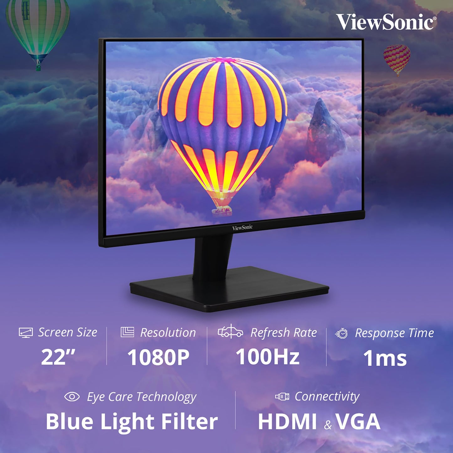 ViewSonic 55.88 Cm (22"), FHD, VA Monitor for Home and Office Use, 100 Hz,1ms Response time, Eye ProTech for Comfort Viewing, Wall Mount, Bezel-Less, Srgb104%, HDMI, VGA - VA2215-H-1N.
