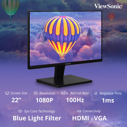 ViewSonic 55.88 Cm (22"), FHD, VA Monitor for Home and Office Use, 100 Hz,1ms Response time, Eye ProTech for Comfort Viewing, Wall Mount, Bezel-Less, Srgb104%, HDMI, VGA - VA2215-H-1N.