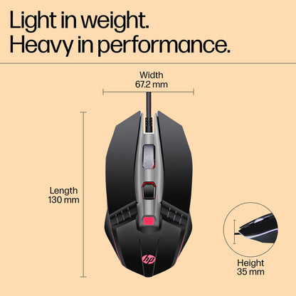 HP M270 Backlit USB Wired Gaming Mouse with 6 Buttons, 4-Speed Customizable 2400 DPI, Ergonomic Design, Breathing LED Lighting, Metal Scroll Wheel, Lightweighted / 3 Years Warranty (7ZZ87AA), Black