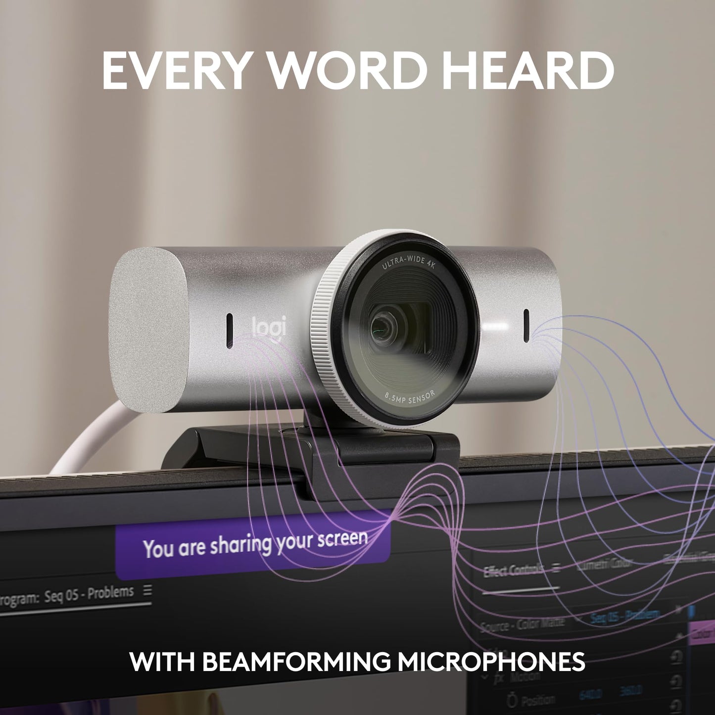 Logitech MX Brio Ultra HD 4K Collaboration and Streaming Webcam with Free Adobe Subscription, 1080p at 60 FPS, Dual Noise Reducing Mics, Show Mode, USB-C, Webcam Cover