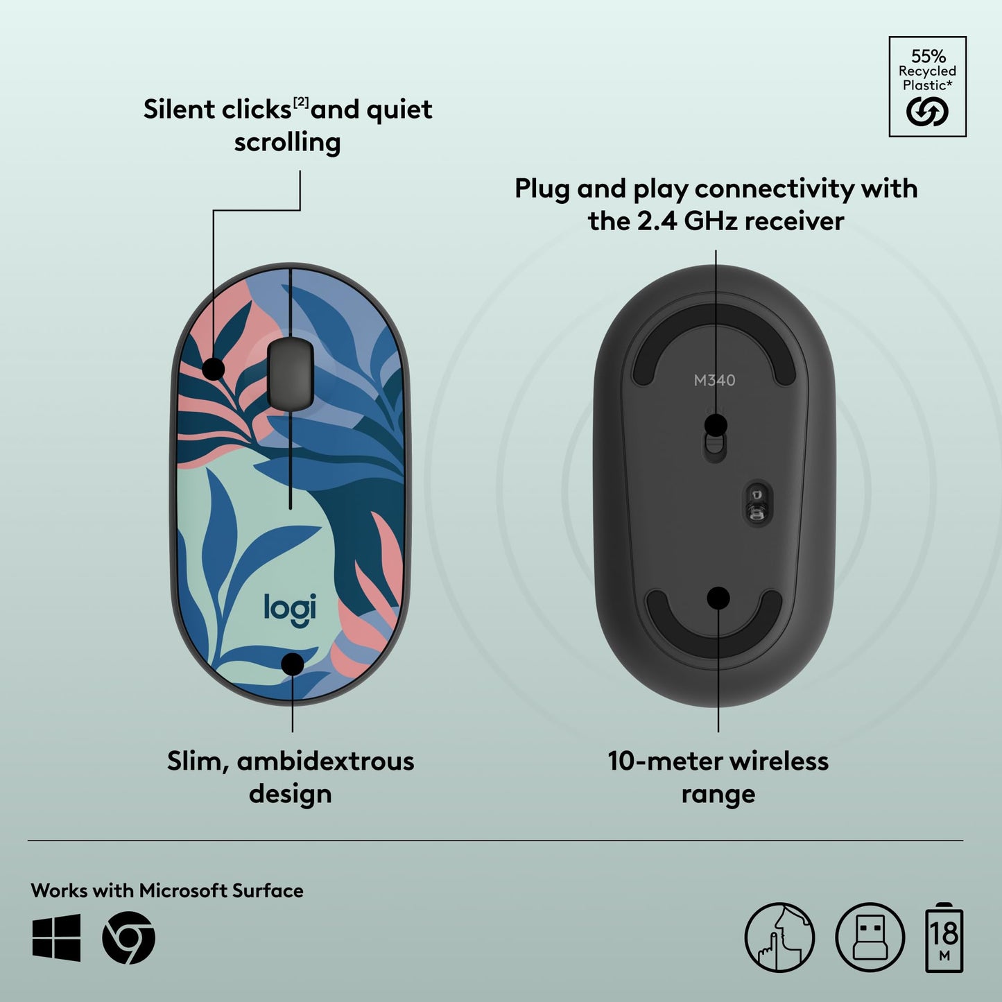 Logitech M340 Wireless Mouse with Limited Edition Prints, USB Receiver and Silent Clicks, Portable Wireless Mouse for Laptop, PC, Windows, Chrome, Surface – Floral Leaves