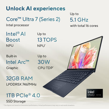 ASUS Zenbook 14,Intel Core Ultra 7 (Series 2),Thin & Light(Intel Arc iGPU/32GB/1TB/3K OLED Touch screen/14/120Hz/Windows 11/M365 Basic (1Year)*/Office Home 2024/Ponder Blue/1.28 kg) UX3405CA-PZ163WS