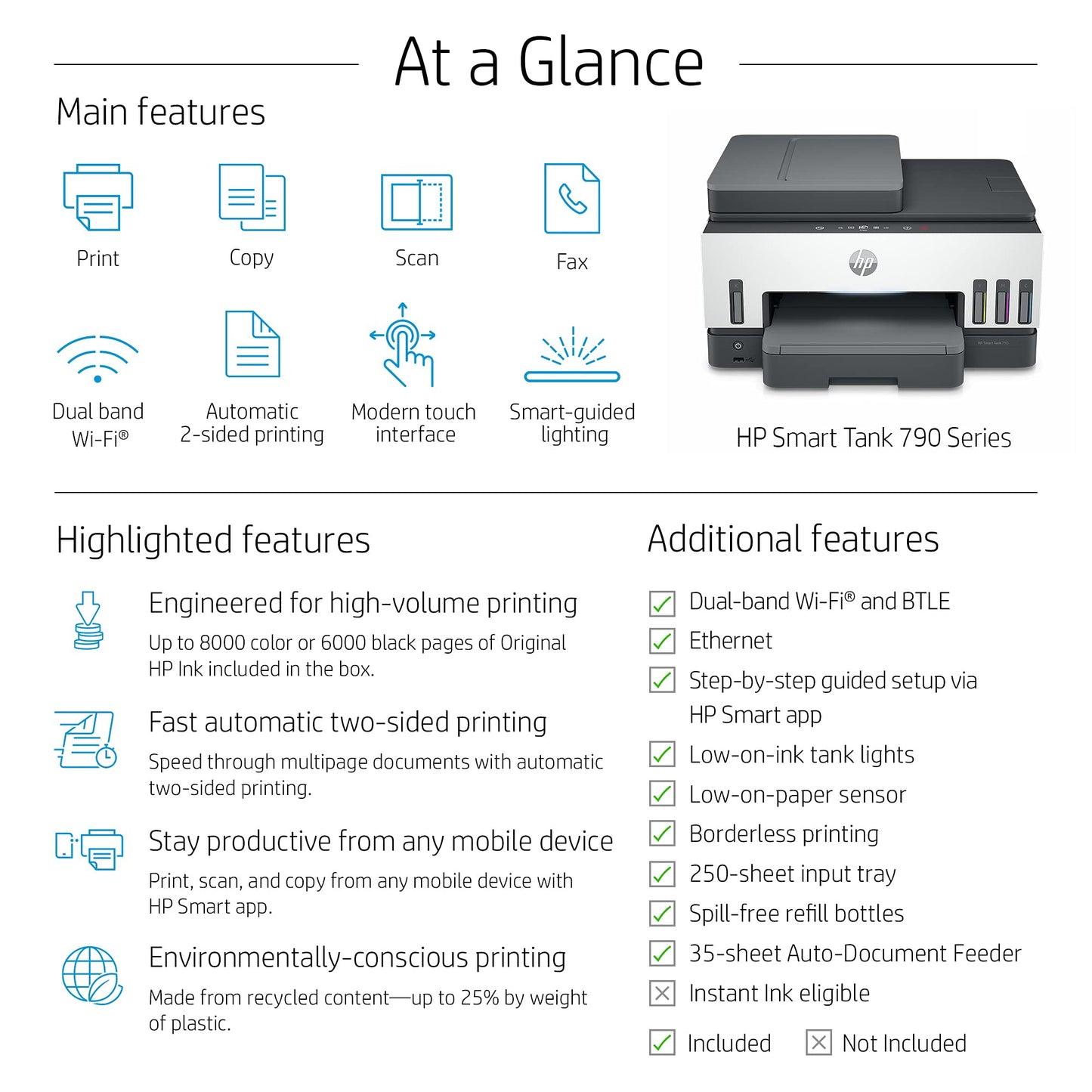 HP Smart Tank 790 All-in-One Auto Duplex WiFi Colour Printer with ADF and FAX, Print, Scan & Cope for Office, Multicolor