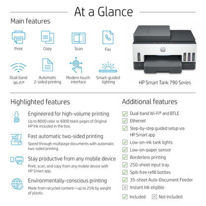 HP Smart Tank 790 All-in-One Auto Duplex WiFi Colour Printer with ADF and FAX, Print, Scan & Cope for Office, Multicolor