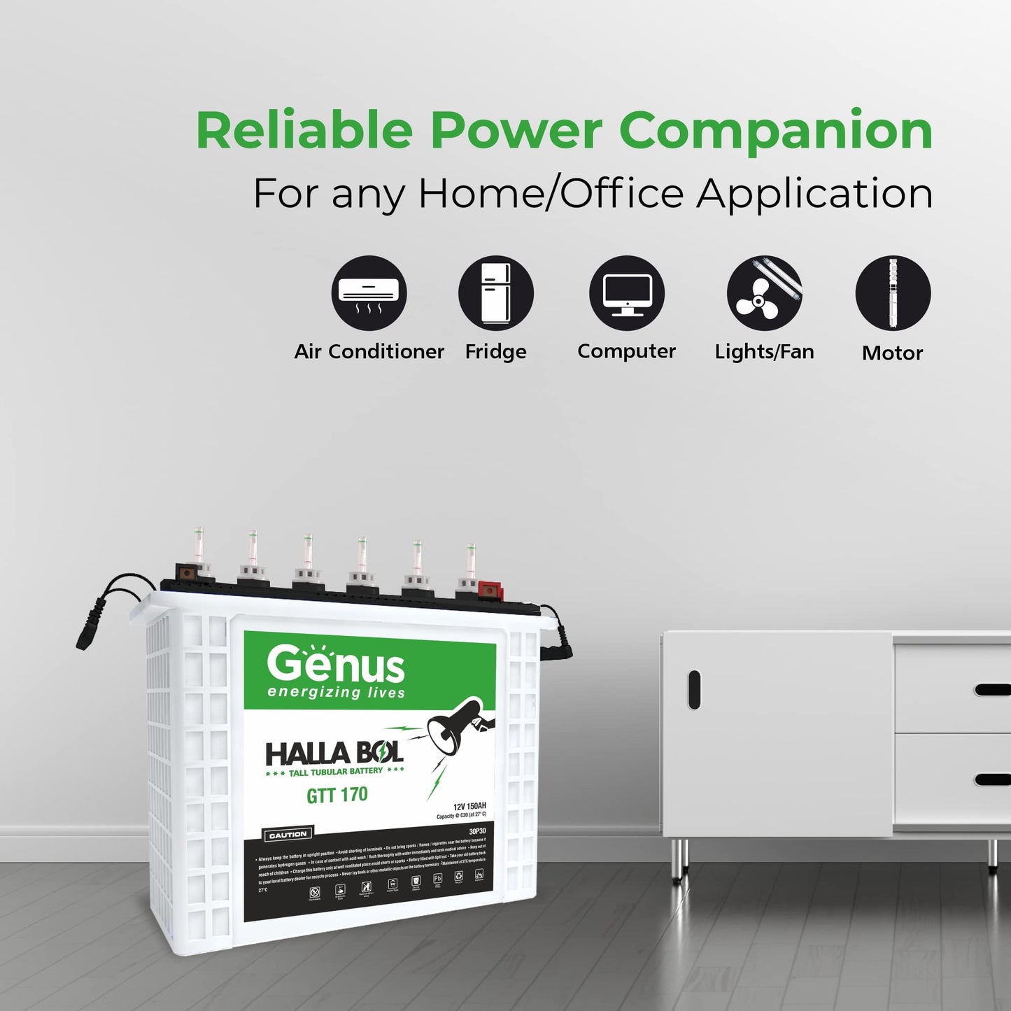 Genus Hallabol GTT170 Tall Tubular 150 AH Inverter Battery for Home, Office or Solar Use, 60 Months Warranty, White