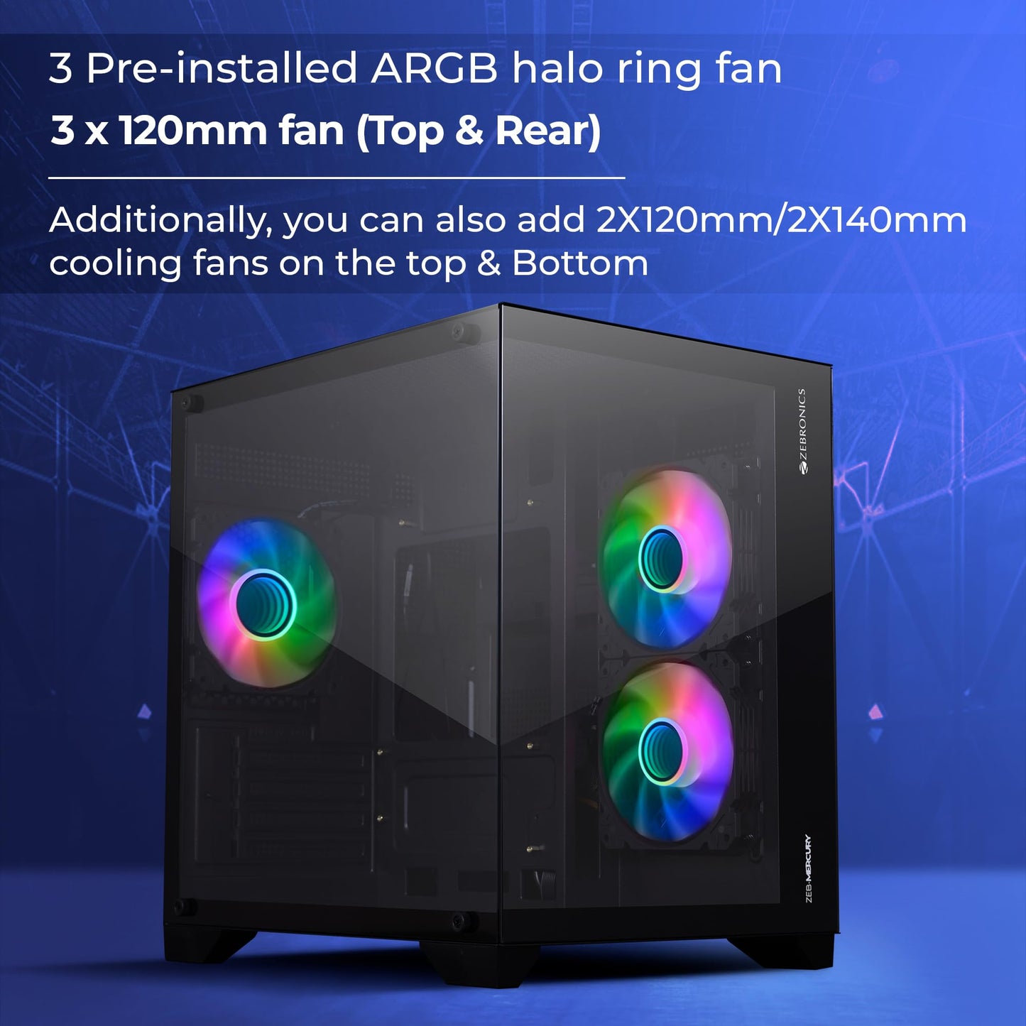 ZEBRONICS Mercury Premium Gaming Chassis with Support for mATX | Mini ITX | 240mm AIO, Dual Chamber Design, Infinity Ring ARGB Fan, Wraparound Tempered Glass (Black)