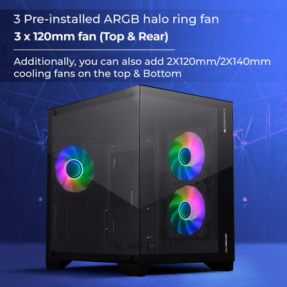 ZEBRONICS Mercury Premium Gaming Chassis with Support for mATX | Mini ITX | 240mm AIO, Dual Chamber Design, Infinity Ring ARGB Fan, Wraparound Tempered Glass (Black)