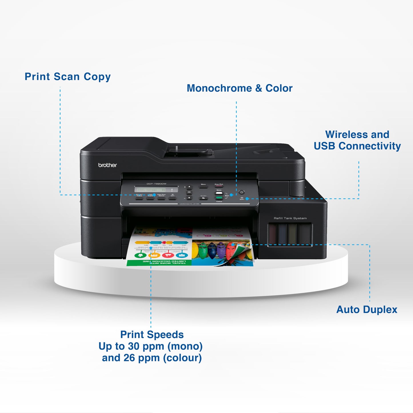Brother Ink Tank DCP-T820DW WIFI Auto Duplex Color Multifunction Printer (Print Scan Copy), ADF, LCD, LAN, Print Up to 7.5K Pages Black & 5K in Color Each for (CMY), Extra Black Ink, Free Installation