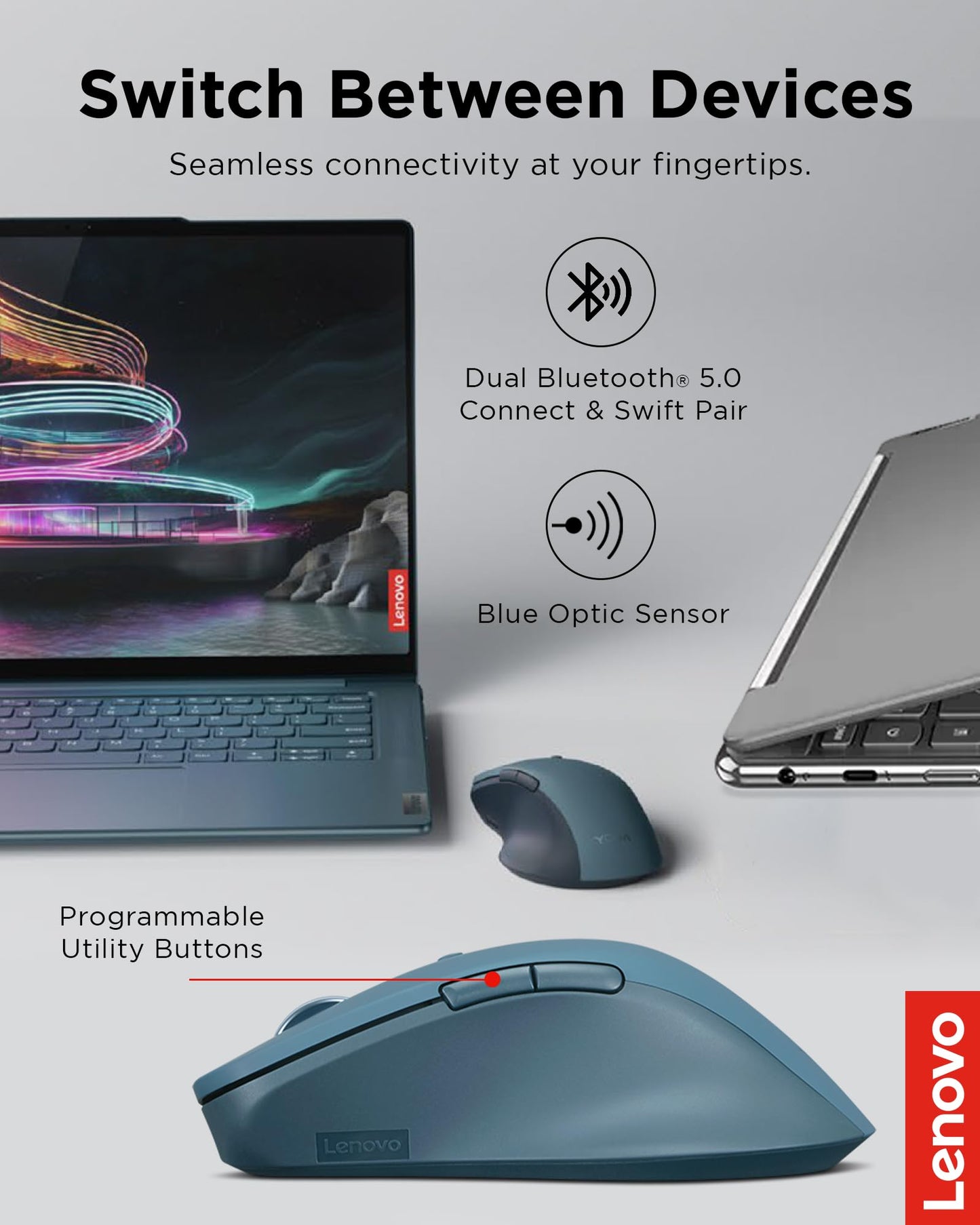 Lenovo Yoga Pro Mouse, Bluetooth, USB-C Rechargable, Dual Mode Bluetooth, 6 Button, Right Handed Design, Ergonomic Design, Programmable Buttons, 2-Way Metal Scroll Wheel, Tidal Teal