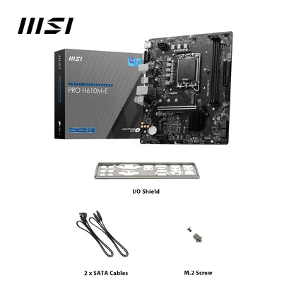 MSI PRO H610M-E Motherboard, Micro-ATX - Supports 14th/13th/12th Gen Intel Core Processors, LGA 1700 - DDR5 Memory Boost 5600MHz/MAX, PCIe 4.0 x16 Slot, M.2 Gen3 Slot