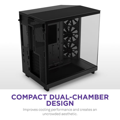 NZXT H6 Flow | CC-H61FB-01 | Compact Dual-Chamber Mid-Tower Airflow Case | Panoramic Glass Panels | High-Performance Airflow Panels | Includes 3 x 120mm Fans | Cable Management | Black