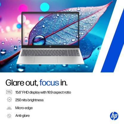 HP 15, 13th Gen Intel Core i5-1334U (16GB DDR4, 512GB SSD) Anti-Glare, Micro-Edge, 15.6''/39.6cm, FHD, Win 11, Office 24, Silver, 1.59kg, fd0467tu, Iris Xe Graphics, FHD Camera, Backlit KB Laptop