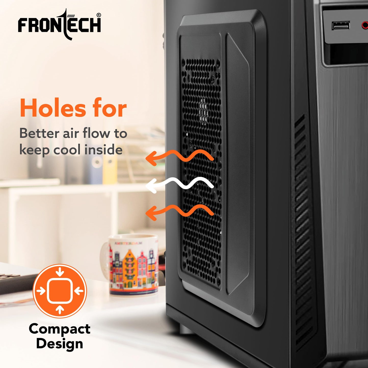 FRONTECH FLINT Silver Series Cabinet/Computer Case with HD Audio | ATX/Mini ATX Compatible | 2 Front USB - 2.0 | Ideal for Home/Office/Gaming (FT-4277, Black)