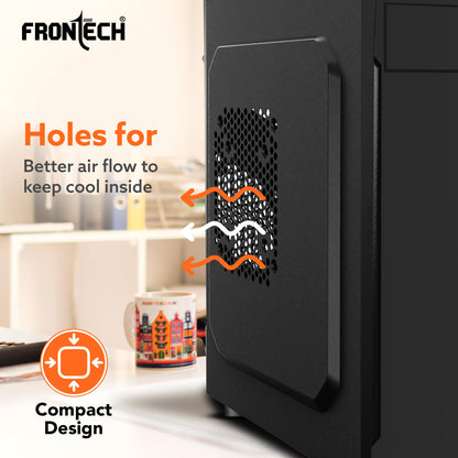 FRONTECH FLINT Silver Series Cabinet/Computer Case with HD Audio | ATX/Mini ATX Compatible | 2 Front USB - 2.0 | Ideal for Home/Office/Gaming (FT-4277, Black)