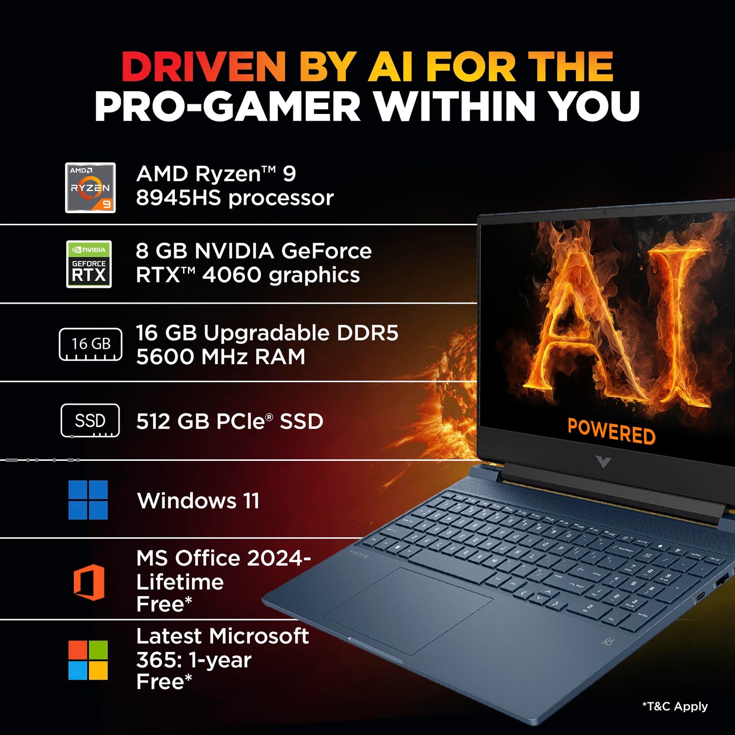 HP Victus, AMD Ryzen 9-8945HS, 8GB NVIDIA GeForce RTX 4060 AI Gaming Laptop (16GB RAM, 1TB SSD), 144Hz, IPS, 15.6"/39.6cm, FHD, Win 11, MS Office 2024, Blue, 2.29Kg, Backlit KB, fb3025AX