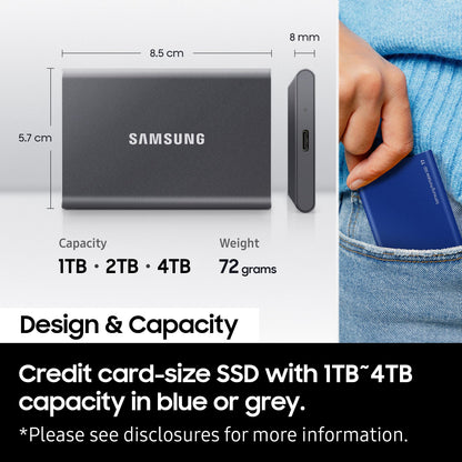 Samsung T7 1TB Up to 1,050MB/s USB 3.2 Gen 2 (10Gbps, Type-C) External Solid State Drive (Portable SSD) Grey(MU-PC1T0T)