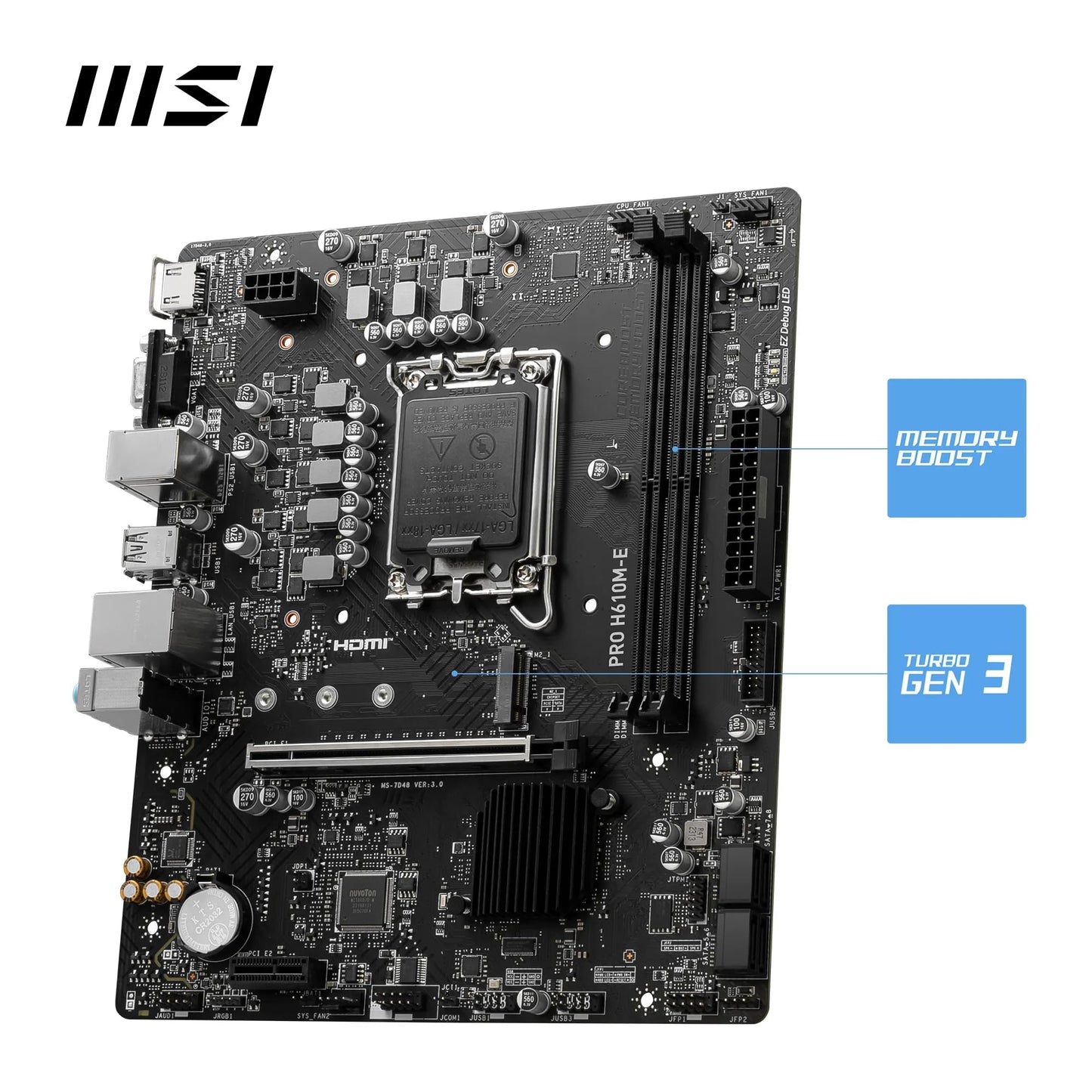 MSI PRO H610M-E Motherboard, Micro-ATX - Supports 14th/13th/12th Gen Intel Core Processors, LGA 1700 - DDR5 Memory Boost 5600MHz/MAX, PCIe 4.0 x16 Slot, M.2 Gen3 Slot