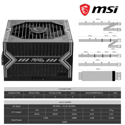 MSI MAG A650BN Power Supply Unit - 650W, 80 Plus Bronze Certified, 12V Single-Rail, DC-to-DC Circuit, 120mm Fan, Active PFC Design, Multiple Connectivity, for Gaming PC, 5-Year Warranty