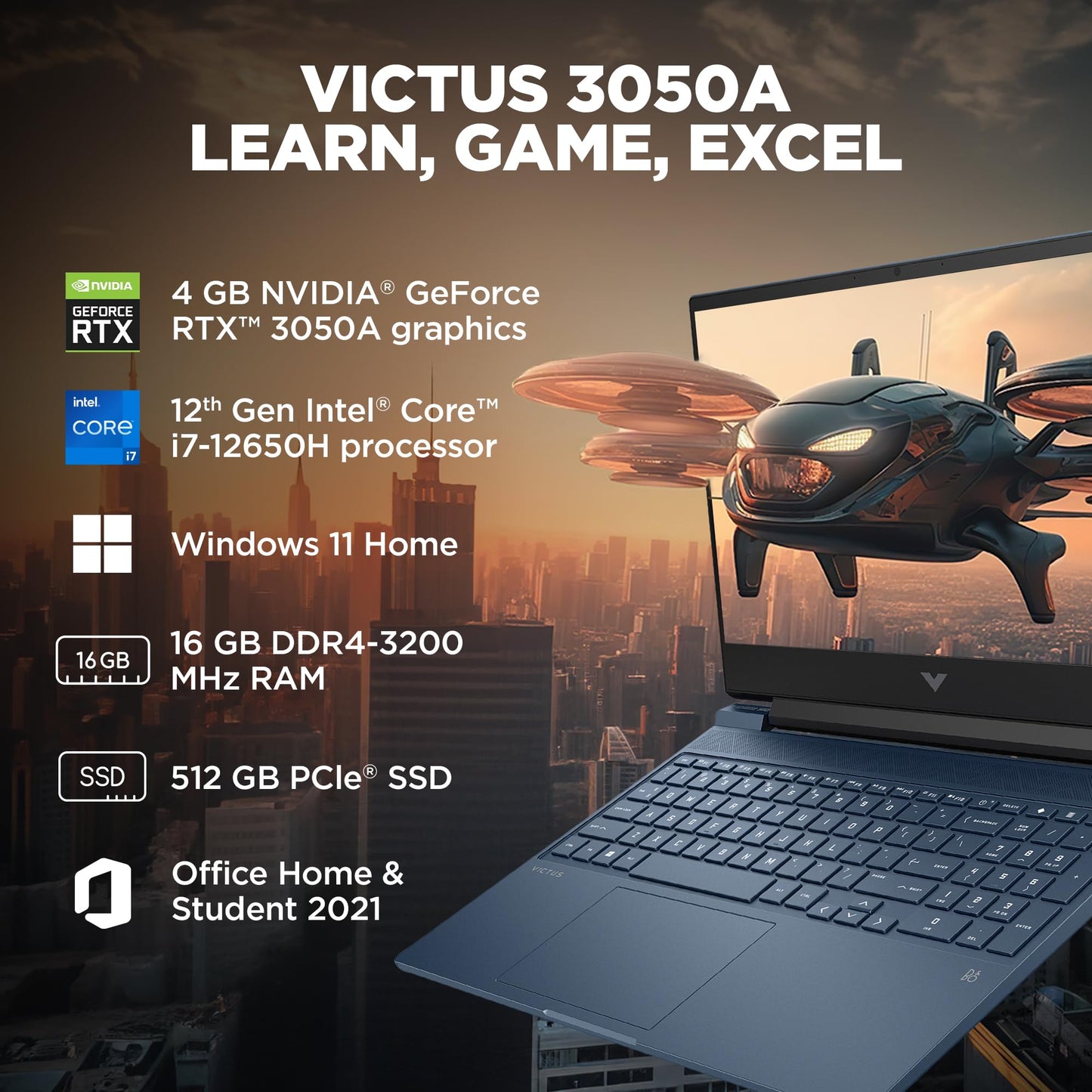 HP Victus, 12th Gen Intel Core i7-12650H,NVIDIA RTX 3050, 16GB DDR4, 512GB SSD (Win11, Office21, Blue,2.3kg) 144Hz, 9MS, IPS, 15.6-inch(39.6cm), Flicker-Free Gaming Laptop, Enhanced Cooling, fa1382TX