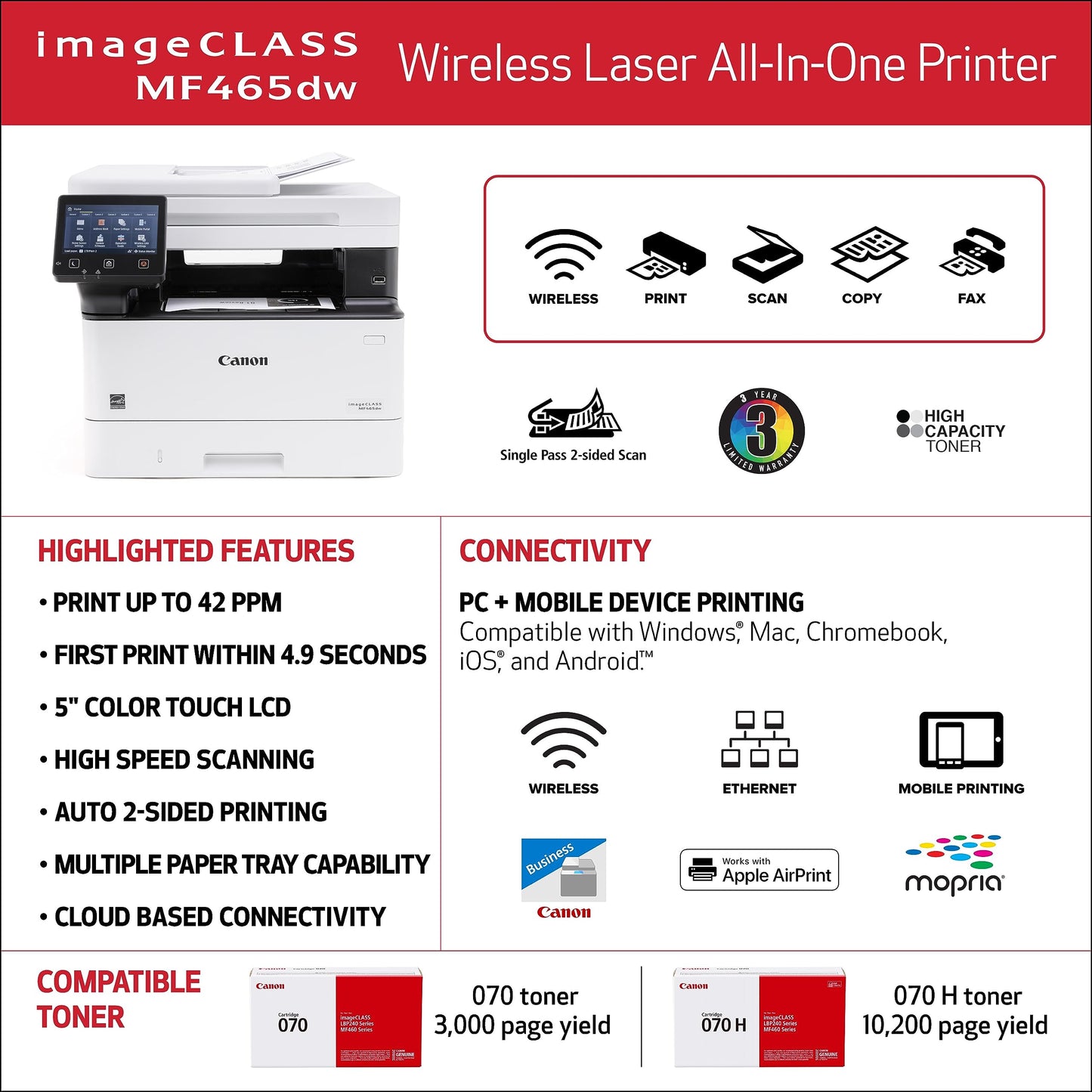 Canon imageCLASS MF465dw - Monochrome, Duplex Wireless Laser Printer