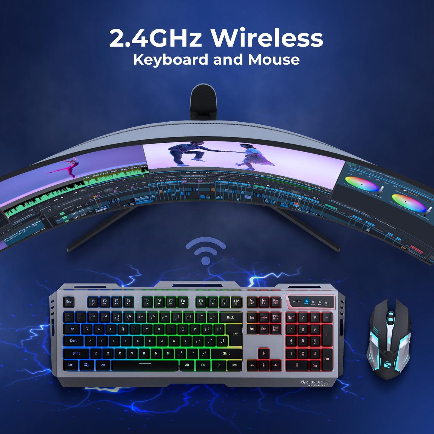 ZEBRONICS Transformer PRO Gaming Wireless Keyboard & Mouse Combo with 2.4GHz, Aluminum Body, Built in Battery, Multicolor LED Modes, Type C, Double Shot Keycaps, up to 4000 DPI