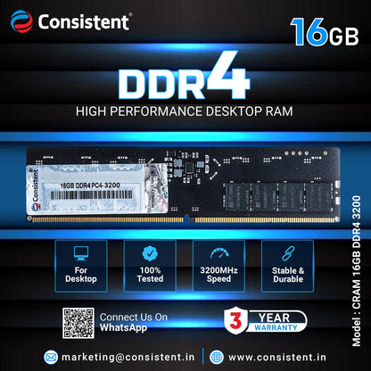 Consistent 16GB DDR4 RAM 3200Mhz Desktop RAM, Plug-and-Play, No Additional Drivers Required with 3 Year Warranty