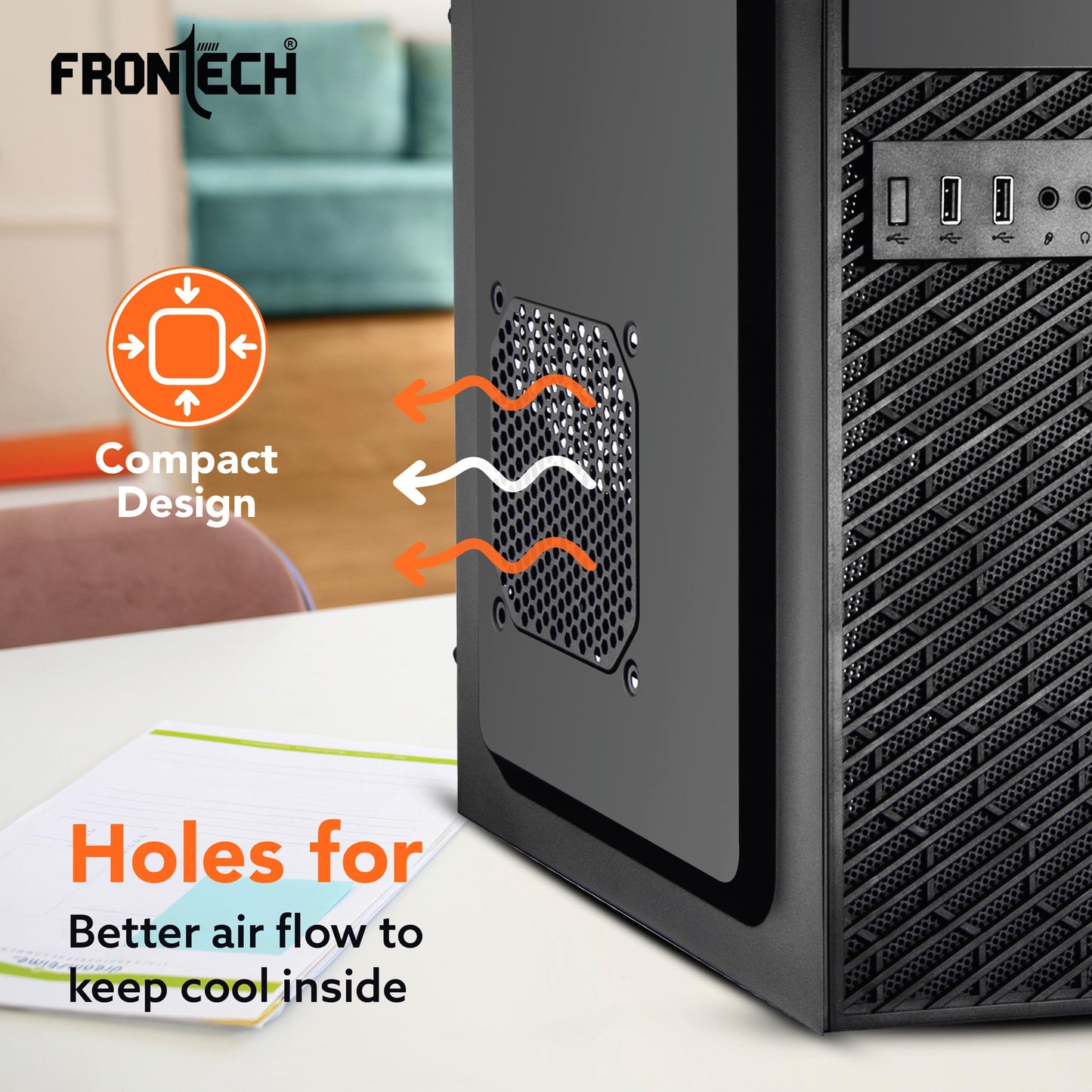 FRONTECH FLINT Silver Series Cabinet/Computer Case with HD Audio | ATX/Mini ATX Compatible | 2 Front USB - 2.0 | Ideal for Home/Office/Gaming (FT-4277, Black)