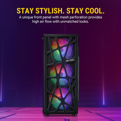Ant Esports Elite 1100 Mid-Tower Computer Case/Gaming Cabinet - Black | Support ATX, M-ATX, ITX | Pre- Installed 3 x 120mm Front and 1 x 120mm Rear Rainbow Fans