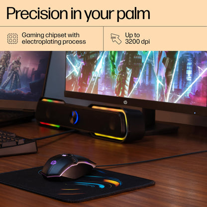 HP M270 Backlit USB Wired Gaming Mouse with 6 Buttons, 4-Speed Customizable 2400 DPI, Ergonomic Design, Breathing LED Lighting, Metal Scroll Wheel, Lightweighted / 3 Years Warranty (7ZZ87AA), Black