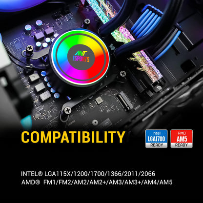 Ant Esports ICE-240 240mm Addressable RGB 2600RPM AIO I CPU Liquid Cooler - Black I Support Intel - LGA115X/1200/1700/1366/2011/2066 , AMD - FM1/FM2/AM2//AM2+/AM3/AM3+/AM4/AM5