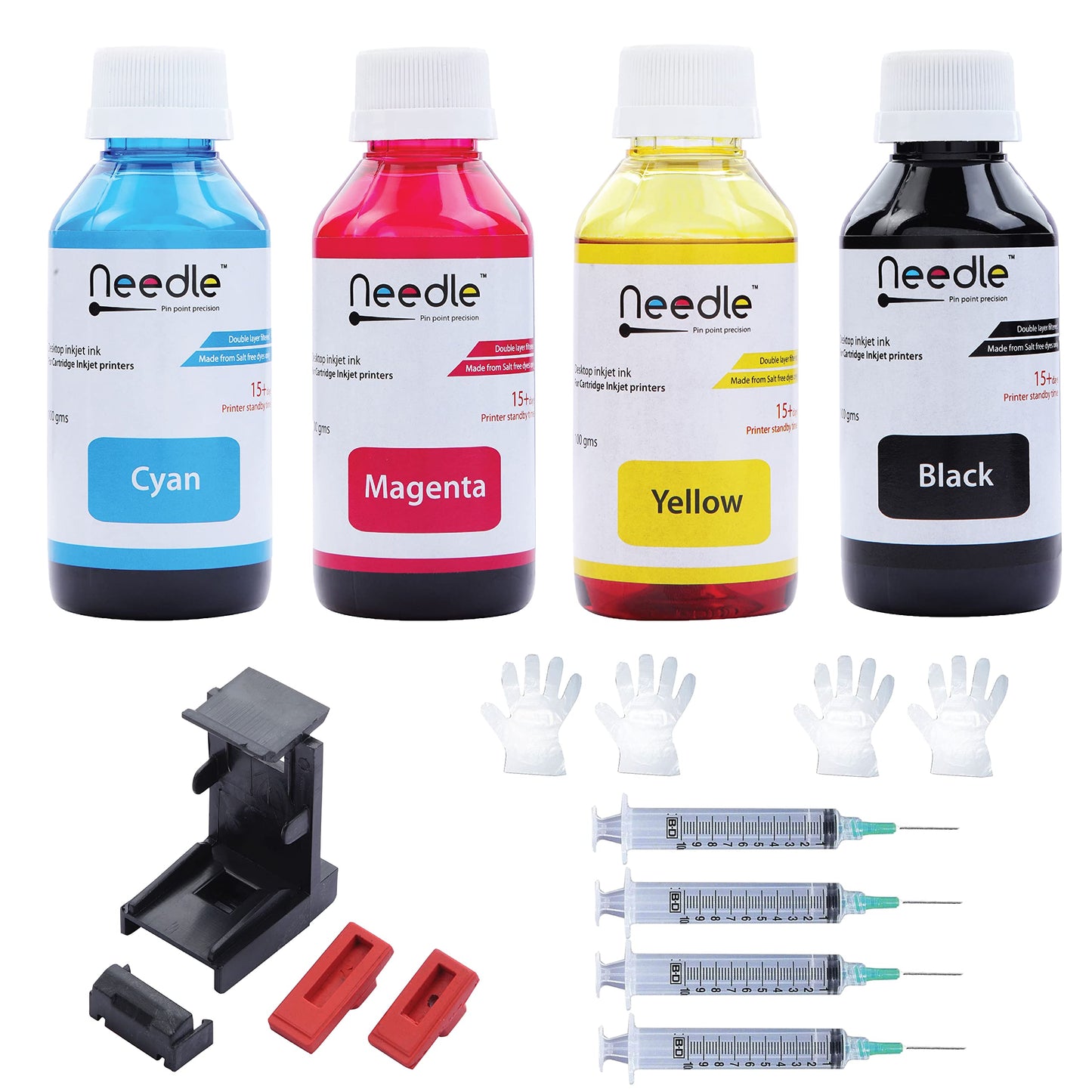 Needle 4x100gms (CMYK combo) Cartridge Inkjet Ink Refill Toolkit with Suction Tool Compatible with HP and Canon Cartridge Printers