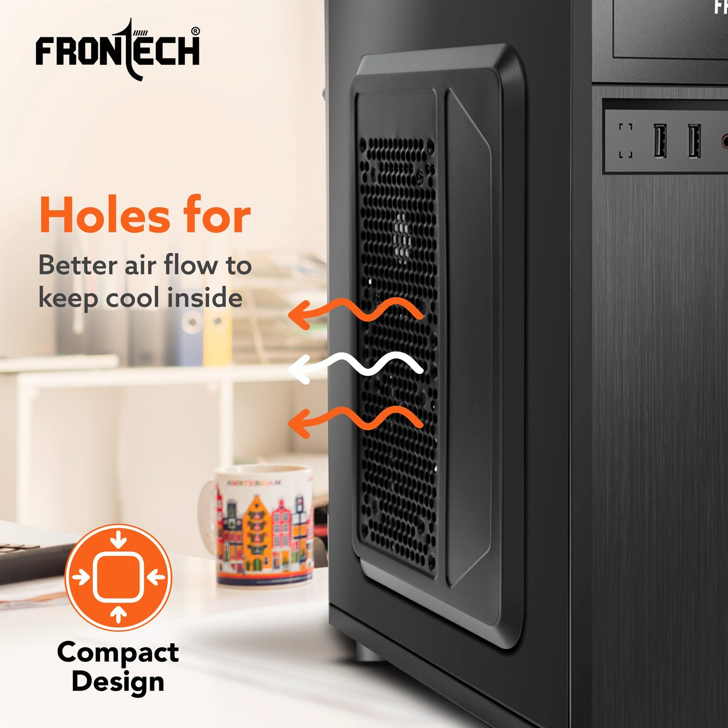 FRONTECH FLINT Silver Series Cabinet/Computer Case with HD Audio | ATX/Mini ATX Compatible | 2 Front USB - 2.0 | Ideal for Home/Office/Gaming (FT-4277, Black)