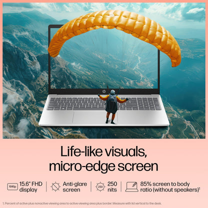 HP 15, 13th Gen Intel Core i5-1334U Laptop (16GB DDR4,512GB SSD) Anti-Glare, Micro-Edge,15.6''/39.6cm, FHD, Win11,M365,Office24, Silver,1.59kg, Iris Xe Graphics,FHD Camera w/Privacy Shutter, fd0577TU