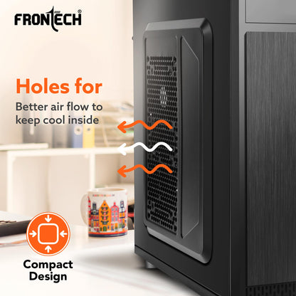 FRONTECH FLINT Silver Series Cabinet/Computer Case with HD Audio | ATX/Mini ATX Compatible | 2 Front USB - 2.0 | Ideal for Home/Office/Gaming (FT-4277, Black)