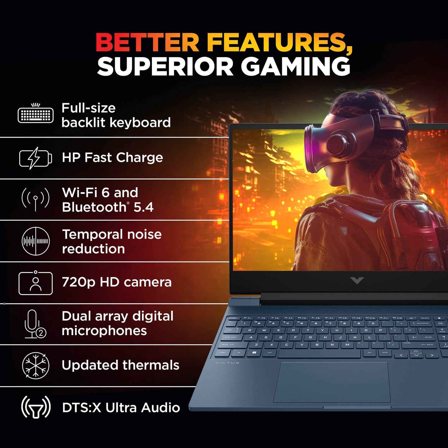 HP Victus, AMD Ryzen 9-8945HS, 8GB NVIDIA GeForce RTX 4060 AI Gaming Laptop (16GB RAM, 1TB SSD), 144Hz, IPS, 15.6"/39.6cm, FHD, Win 11, MS Office 2024, Blue, 2.29Kg, Backlit KB, fb3025AX