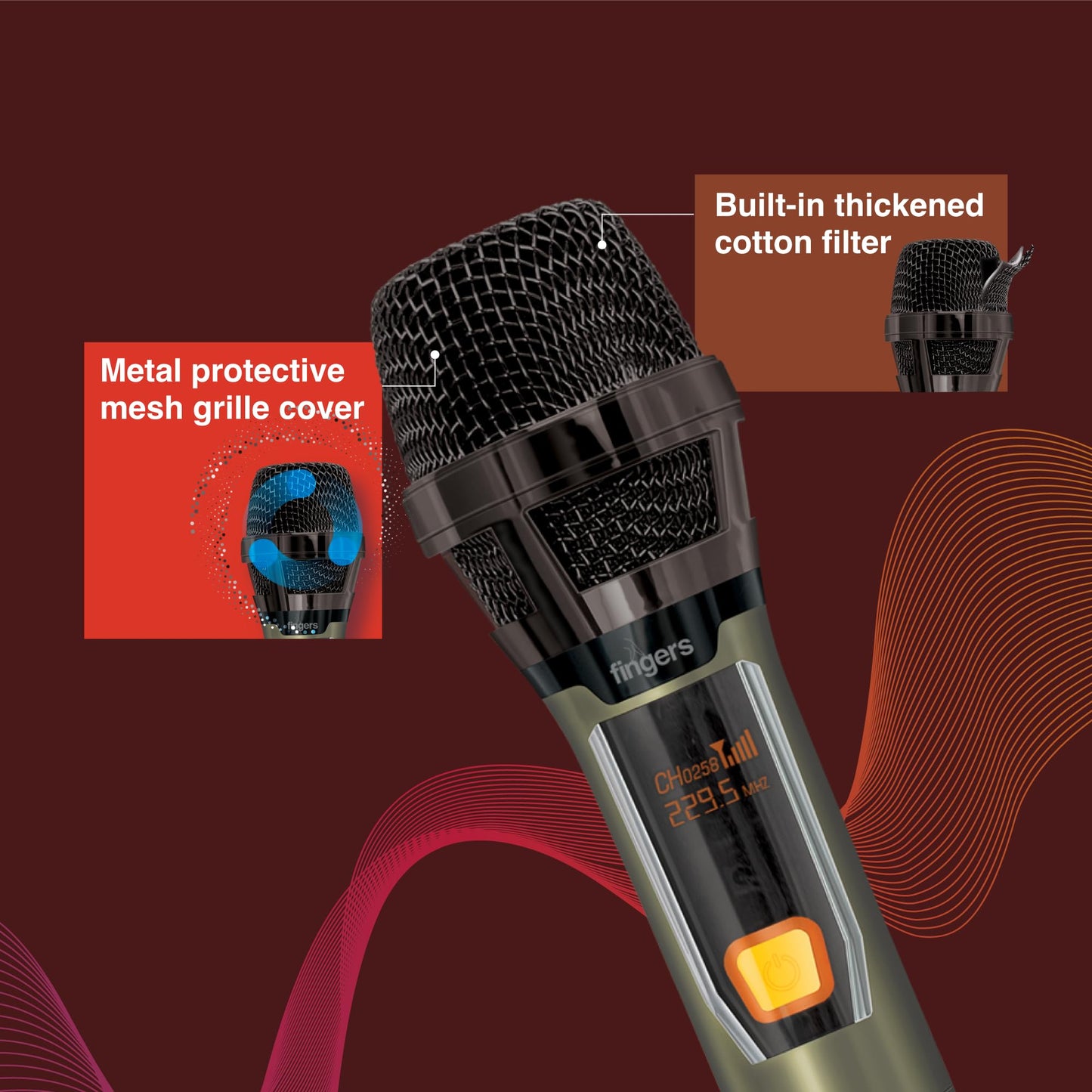 FINGERS Freedom Mic-39 Wireless Microphone (6.35 mm pin Receiver with Type-C Charging Port, Uni-Directional V-Band @ VHF 269.1 MHz, 10-Hour Battery Life, 25 m Working Distance)
