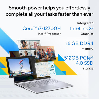 ASUS Vivobook 16, Intel Core i7-12700H (Gaming Grade CPU), 16" (40.64cm) FHD+ 16:10, Thin & Light Laptop (16GB DDR4/512GB SSD/Iris Xe/Win 11/Office 2021/Transparent Silver/1.88 Kg), X1605ZAC-MB741WS