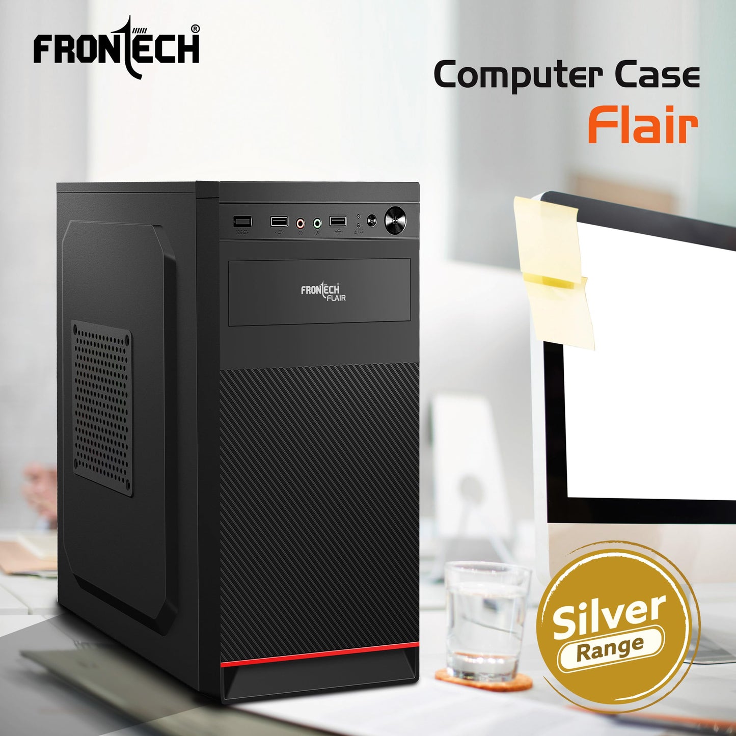 FRONTECH FLINT Silver Series Cabinet/Computer Case with HD Audio | ATX/Mini ATX Compatible | 2 Front USB - 2.0 | Ideal for Home/Office/Gaming (FT-4277, Black)