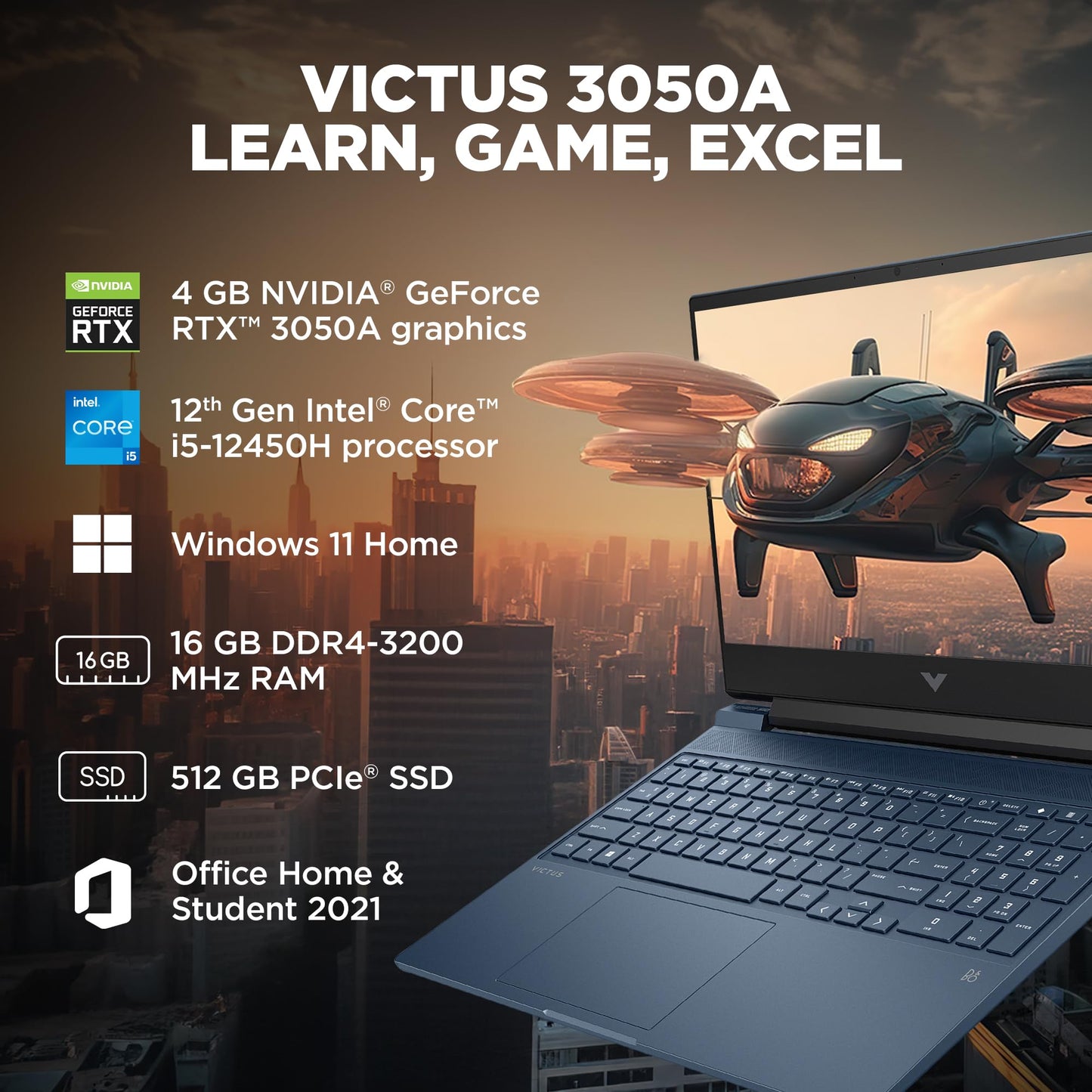 HP Victus, 12th Gen Intel Core i5-12450H, RTX 3050 Gaming Laptop (16GB DDR4, 512GB SSD) 144Hz, IPS, 15.6"/39.6cm, FHD, Win 11, MS Office 21, Blue, 2.3kg, fa1379TX/fa1412tx