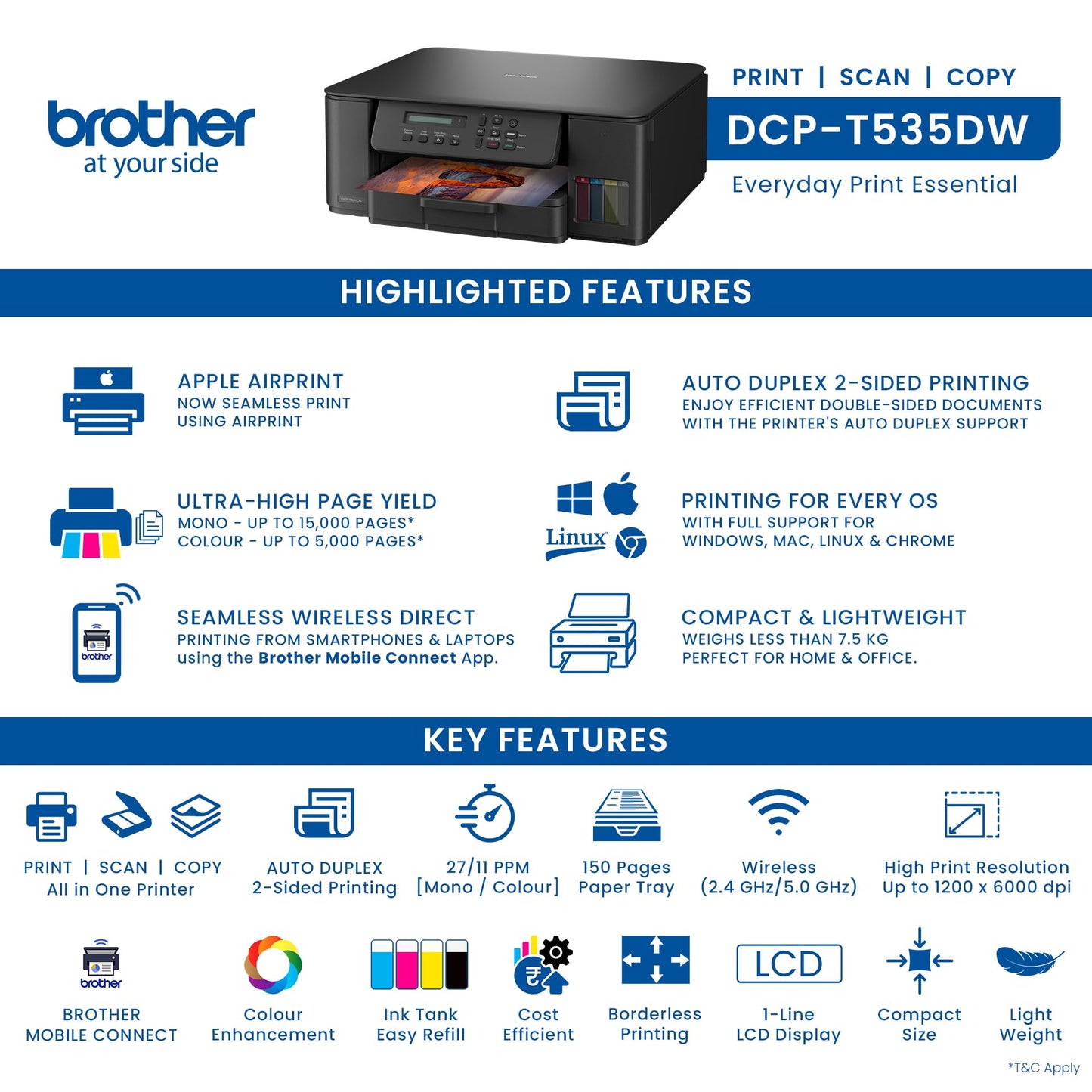 Brother Ink Tank DCP-T535DW New Launch (Print Scan Copy) WiFi Auto Duplex Printer, 128MB Memory, Print Pages